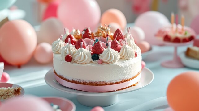 A joyous birthday party with balloons, a cake, and cheerful decorations