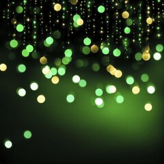 Poster - Green and gold bokeh lights hanging against a dark background with sparkling details, AI generated