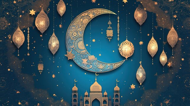 metal crescent moon and paper cut mosque, Background suitable for Ramadan, Eid or Hari Raya.top view gold ramadan lantern