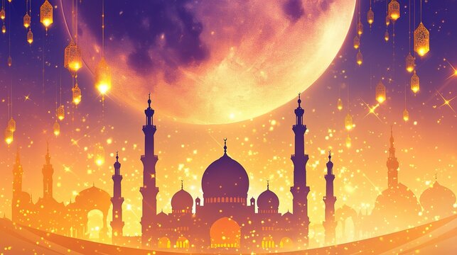 Ramadan Kareem art with mosque and abstract illustration design background Shiny golden crescent moon with star lanterns and mosque at night