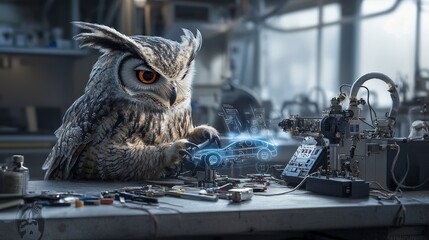 Poster - Owl engineer designs futuristic vehicle in modern lab high-tech environment creative perspective innovative concept