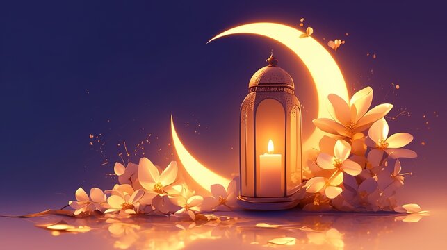 white ramadan banner with flowers and eid festival moon greeting design Decorative lantern with candles glowing at night