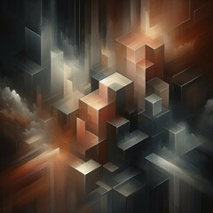 Poster - Geometric cubes bathed in a warm orange glow, creating depth and abstraction, square aspect, AI generated