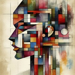 Poster - Abstract geometric cubist artwork with a colorful face, square aspect, AI generated