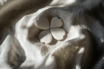 Canvas Print - Delicate four leaf clover on soft white fabric, symbolizing luck and hope, showcasing natural textures and gentle shadows for a serene atmosphere