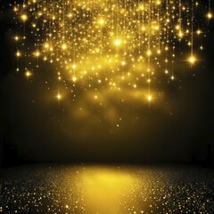Poster - Golden shimmering lights cascade against a dark background, creating a festive and glittering atmosphere, AI generated