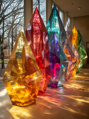 Wall Mural - Colorful crystal sculptures in sunlit lobby