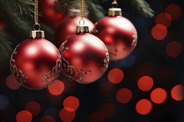 Wall Mural - Red and silver Christmas tree baubles with bokeh lights. KI generiert, generiert AI generated