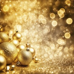 Poster - Gold Christmas ornaments among shimmering golden bokeh lights create a festive and glowing atmosphere, AI generated