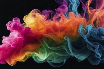 Poster - Fluid motion of colorful smoke with pink, orange, blue, and green hues on a dark background in an abstract art style, Color Smoke, AI generated