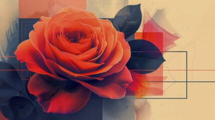 Poster - Close-up of a red rose with dark leaves and geometric shapes, blending modern digital art, AI generated