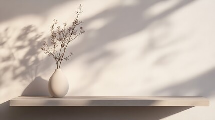 Poster - Minimalist shelf with vase, dried flowers, and sunlight shadow on a light wall.