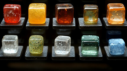 Colorful glass cubes displayed on black surface; studio shot