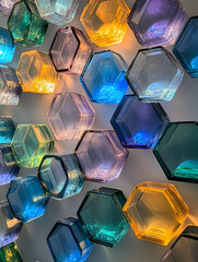 Wall Mural - Colorful glass hexagons wall art, modern interior design