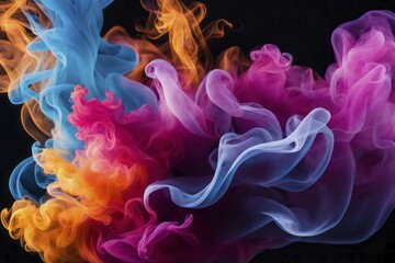 Aufkleber - Soft pink, blue, and orange smoke patterns flowing on a black background, Color Smoke, AI generated