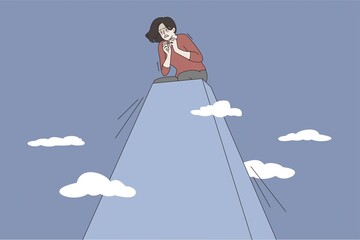 Poster - acrophobia and fear of heights concept. young stressed woman cartoon character sitting on peak of hi