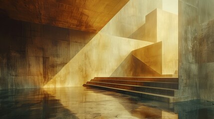 Poster - Modern concrete structure with geometric design and dramatic lighting, featuring stairs and abstract forms, AI generated