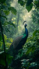 Poster - In the heart of a dense tropical forest, a magnificent green peafowl proudly displays its colorful feathers, reminiscent of an enchanting morning in nature's embrace