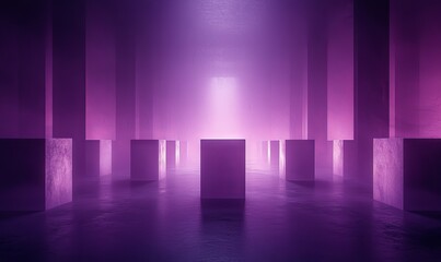 Poster - Ultraviolet light in abstract form. Diode tape creating a light line. Gradient of violet and pink. Modern neon-lit background. Empty stage with neon spotlights. Abstract light.
