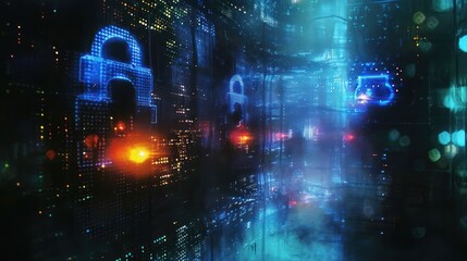Aufkleber - Futuristic digital landscape with glowing locks and vibrant lights, depicting cybersecurity themes