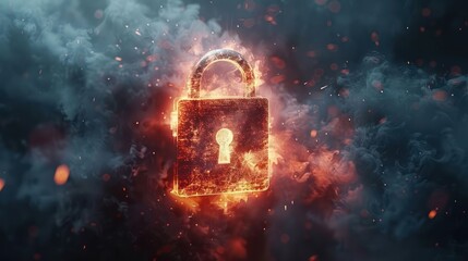 Poster - A glowing padlock emerges from swirling smoke, symbolizing security and protection in a digital age