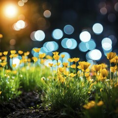 Poster - Blooming yellow flowers under vibrant bokeh lights at night creating a vivid garden scene, AI generated