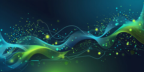 Poster - Blue Wave Abstract Background with Glowing Lines and Shiny Decorative Elements