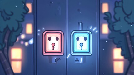 Poster - Colorful cartoon-style traffic lights glowing at night with a city backdrop and soft lighting
