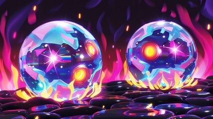 Poster - Colorful glowing spheres surrounded by vibrant flames on a dark textured surface, creating a surreal atmosphere