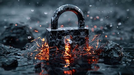 Poster - A rusted padlock submerged in water, surrounded by splashes and rocky textures, symbolizing security