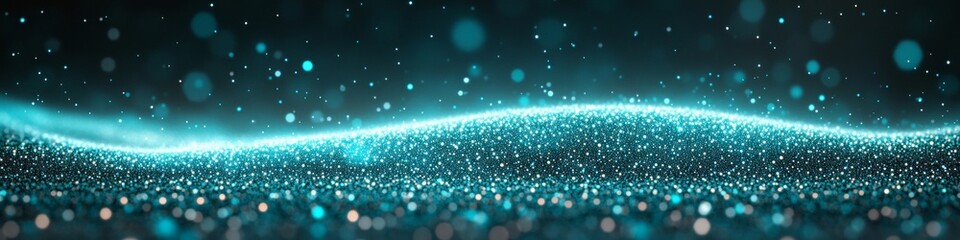 Poster - Abstract Blue Glitter Background With Glowing Light Particles And Bokeh Effect, Widescreen Format