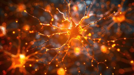 Aufkleber - Intricate close-up of glowing neurons interconnected with vibrant synapses in a dark background