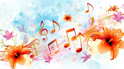 Poster - An abstract colorful background with musical notes and flowers.