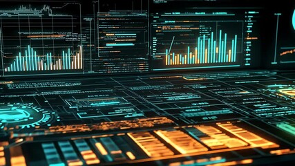 Poster - Dive into the world of advanced technology with a captivating video showcasing a futuristic digital interface. The intricate patterns of glowing abstract shapes and lines in vibrant blue and orange