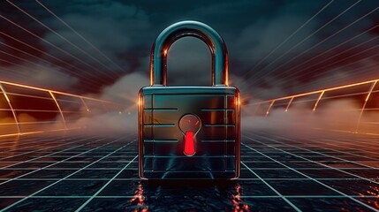 Poster - A shiny padlock stands prominently on a futuristic grid, surrounded by glowing fog and dynamic lines