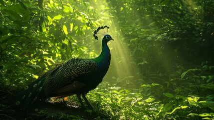 Poster - Beneath the canopy of a lush tropical forest, a green peafowl proudly displays its iridescent feathers, captivating the play of light and shadow in a serene morning atmosphere