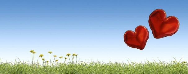 Aufkleber - Grassy hill with two red heart shaped balloons on a blue sky, 3d rendering
