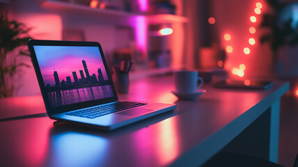 Poster - Laptop in Neon Glow: A sleek laptop displays a stunning cityscape sunset on its screen, bathed in vibrant neon pink and blue light.