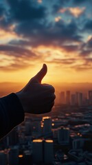 Wall Mural - sunset view with hand gesture signifying approval over urban landscape in city environment