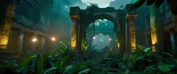 A whimsical depiction of ancient ruins overtaken by lush vibrant jungle growth