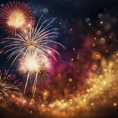 Poster - Fireworks streak across the night sky, accompanied by bokeh lights and a festive atmosphere, AI generated