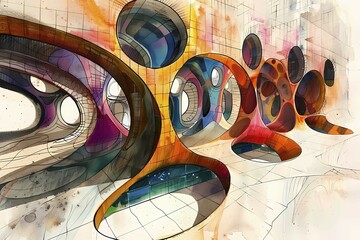Poster - Abstract and dynamic painting featuring vibrant, colorful, and spherical geometric shapes, Bio architecture, Watercolor Aesthetics, AI generated