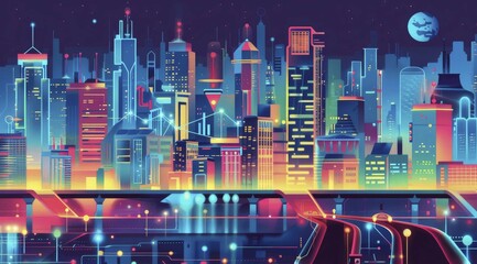 Poster - Vibrant neon-lit futuristic city with abstract shapes and skyscrapers under a night sky, ai generated, AI generated