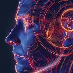 Poster - Digital portrait of a face in neon lights with abstract futuristic lines, AI generated
