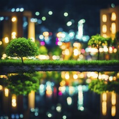 Poster - Night cityscape with trees and grass reflected in water, framed with colorful urban lights, AI generated