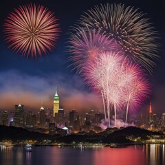 Poster - Celebratory fireworks light up the night sky above a cityscape with colorful bursts, AI generated