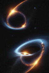 Poster - Two black holes with glowing accretion discs emitting bright light in a dark space background, AI generated