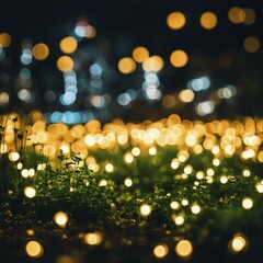 Poster - Close-up of yellow lights and green plants at night with warm atmospheric bokeh background, AI generated