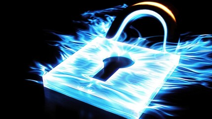 Poster - Glowing padlock surrounded by blue flames symbolizing security and protection in a dark setting