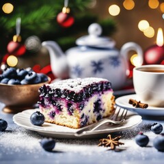 Wall Mural - Slice of blueberry cake dusted with powdered sugar, accompanied by a cup of tea, a festive background with bokeh lights, and Christmas decorations, Blueberry Cake, AI generated